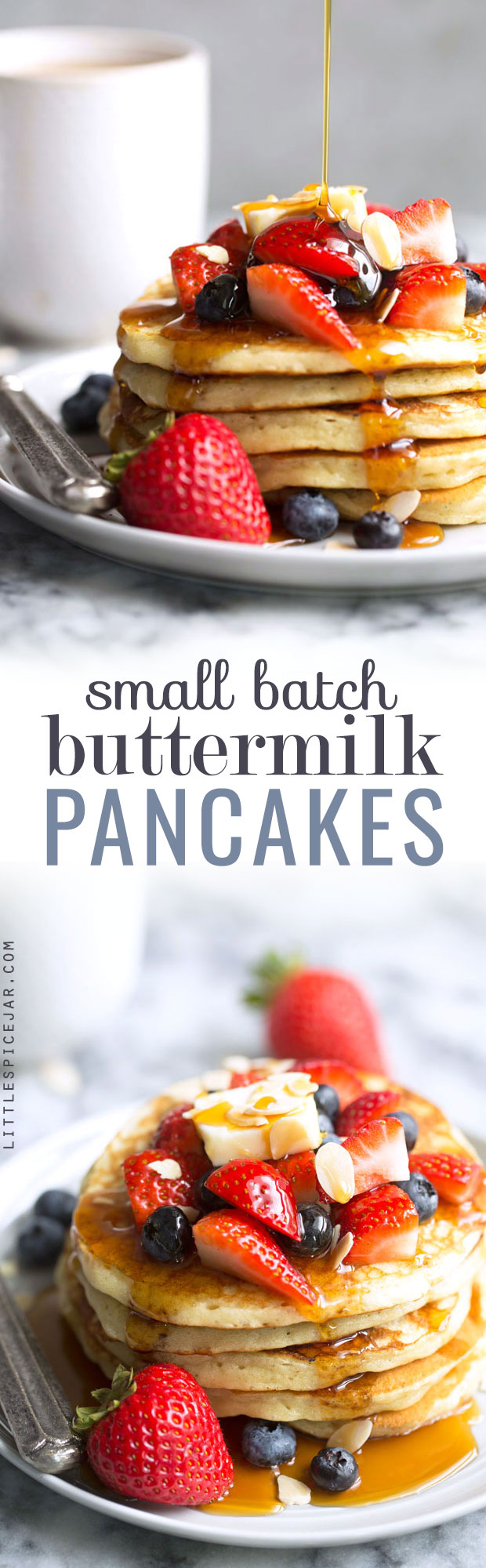 Small Batch Buttermilk Pancakes - Learn how to make a small batch of pancakes for just 2-3 people! These pancake are amazing! #smallbatchpancakes #buttermilkpancakes #pancakes | Littlespicejar.com