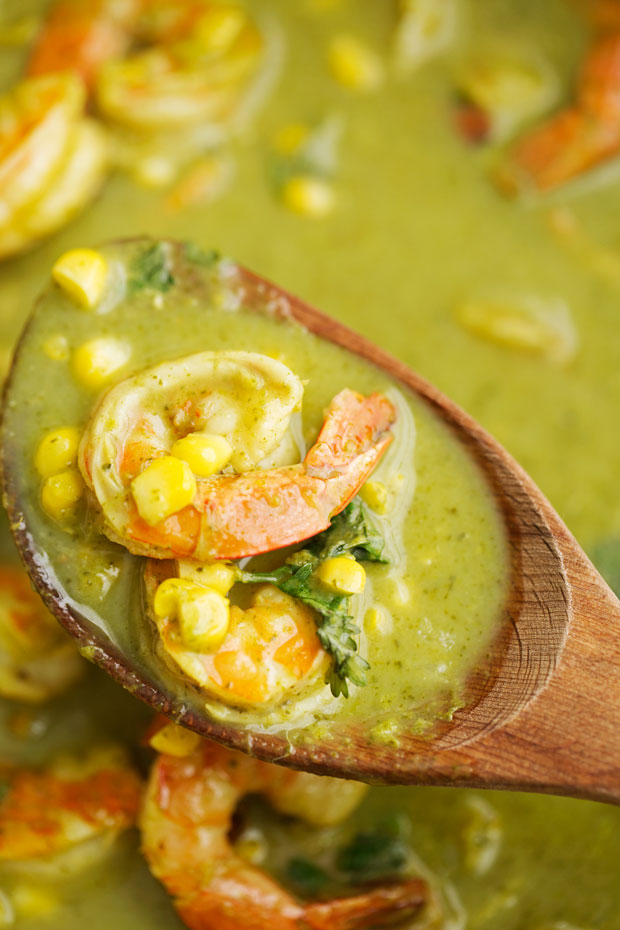 Creamy Coconut Curry with Shrimp + Corn - made with a homemade curry paste that's as simple as blending a few ingredients! It's flavorful and weeknight friendly! #greencurry #shrimpcurry #coconutcurry | Littlespicejar.com