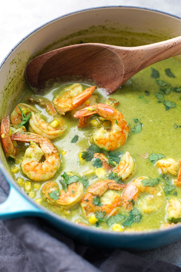 Creamy Coconut Curry with Shrimp + Corn - made with a homemade curry paste that's as simple as blending a few ingredients! It's flavorful and weeknight friendly! #greencurry #shrimpcurry #coconutcurry | Littlespicejar.com