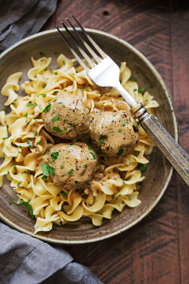 egg noodles topped with Swedish Meatballs in sauce