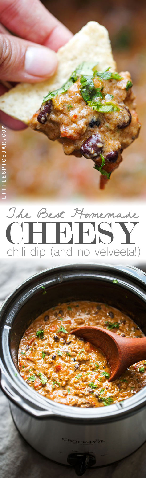 The BEST Cheesy Chili Dip - made with a homemade taco seasoning and NO Velveeta - just simple homemade cheese sauce! So good! #chilicheesedip #cheesychilidip #chilidip | Littlespicejar.com
