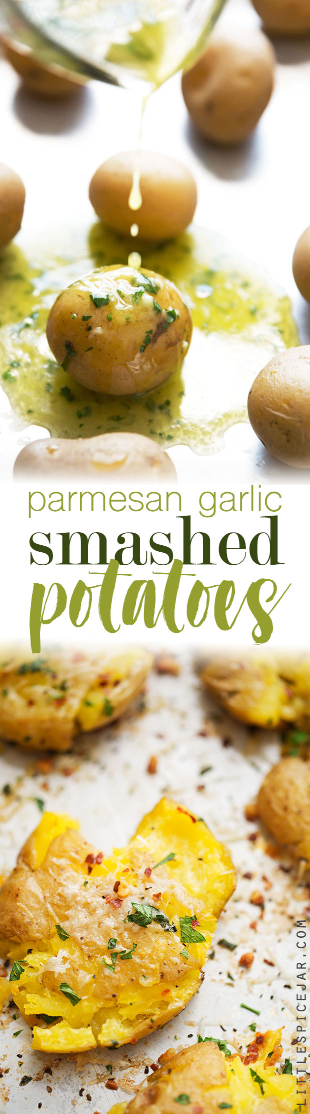 Parmesan Garlic Smashed Potatoes - an easy side dish or the perfect snack for football season! #smashedpotatoes #garlicsmashedpotatoes #potatoskins | Littlespicejar.com