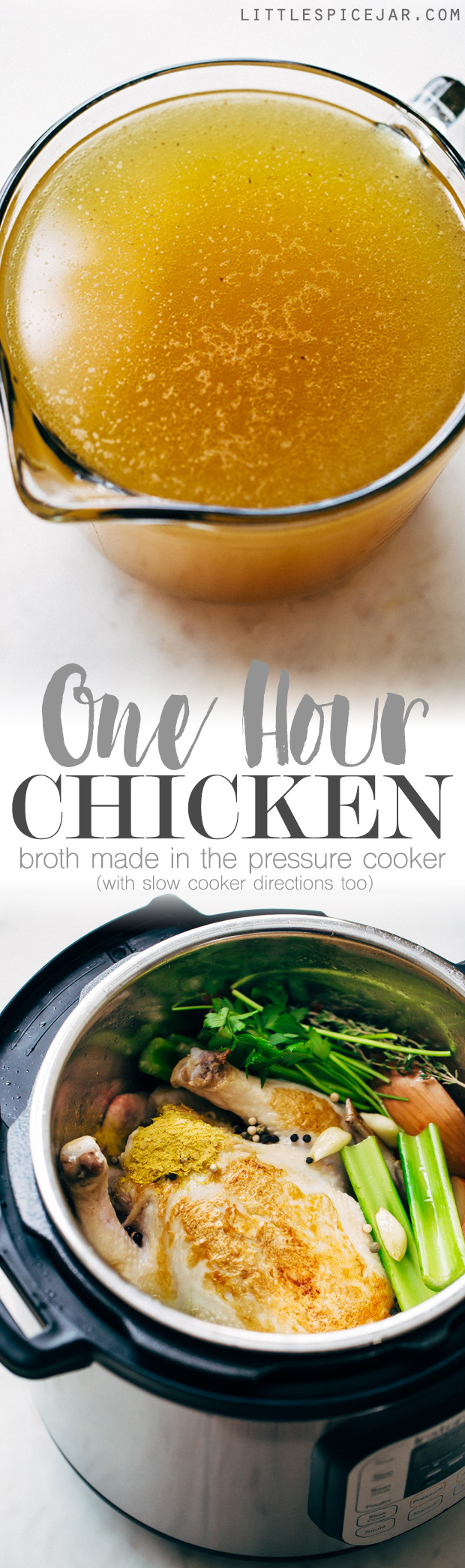 One-hour pressure cooker chicken broth - Learn how to make  chicken broth in a pressure cooker in 1 hour! This is a simple recipe that you can easily prepare and use in all your favorite dishes! #chickenbroth #bonebroth #pressurecooker #instantpot #instantpotchickenbroth | Littlespicejar.com