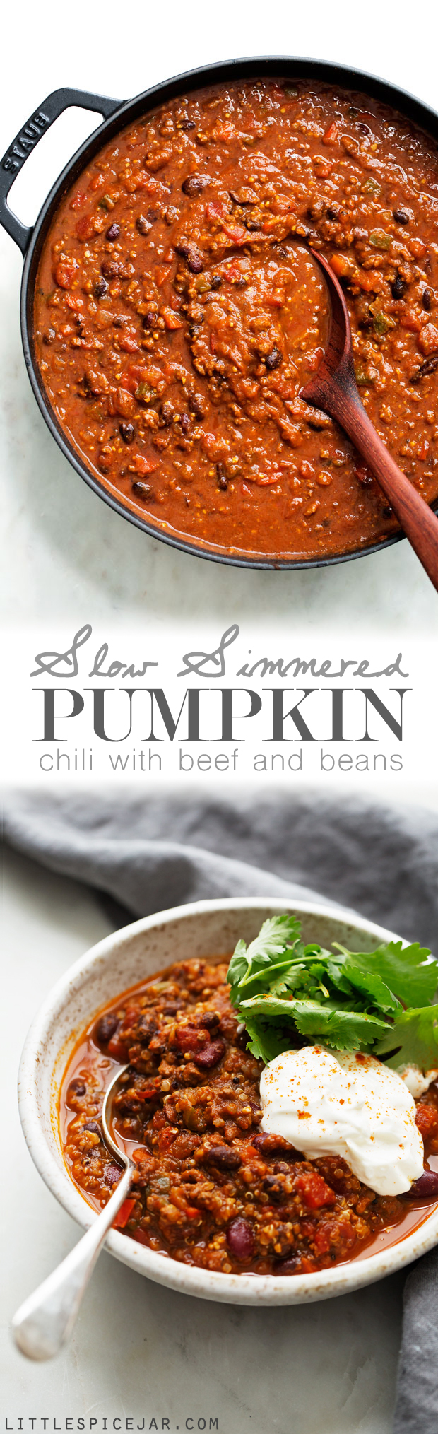 Weekend Pumpkin Chili - a hearty bowl of pumpkin chili that's slow simmered so it's extra comforting! #pumpkinchili #homemadechili #beefchili | Littlespicejar.com