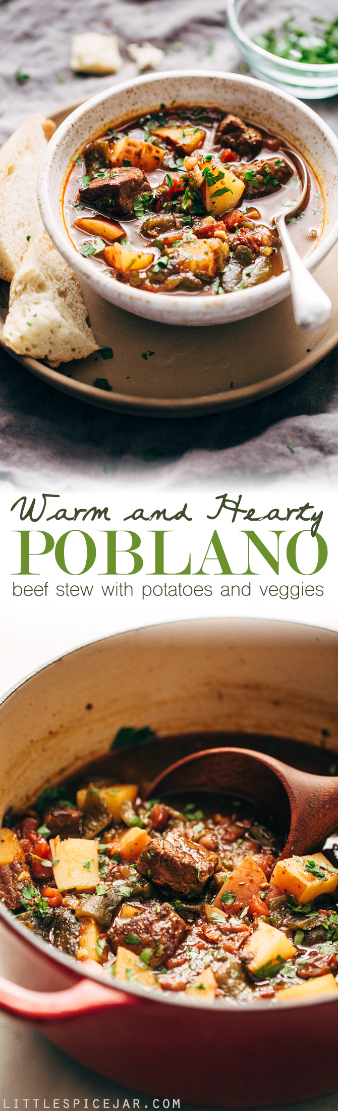 Hearty Poblano Beef Stew - a beef stew that's been amped up with roasted poblanos and chipotle peppers! So good you'll forget about your old stew recipe! #beefstew #stew #poblanobeefstew | Littlespicejar.com
