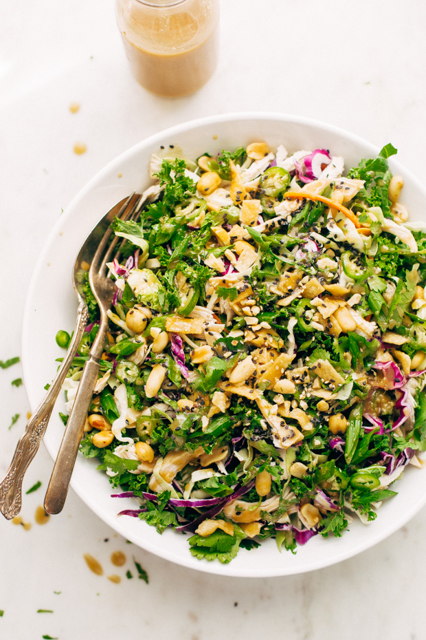 Kale Shaved Brussel Sprout Salad with Ginger Miso Dressing