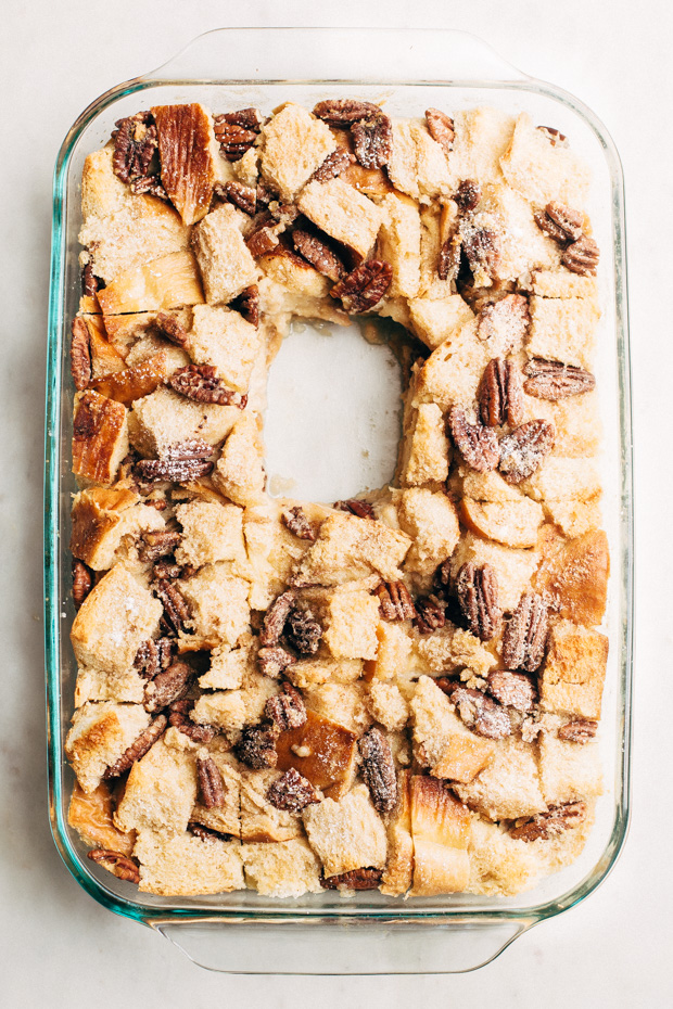 New Orleans Pecan Pie Bread Pudding - use up that leftover stale bread in this make-ahead dessert! The perfect holiday treat! #dessert #breadpudding #pecanpie | Littlespicejar.com