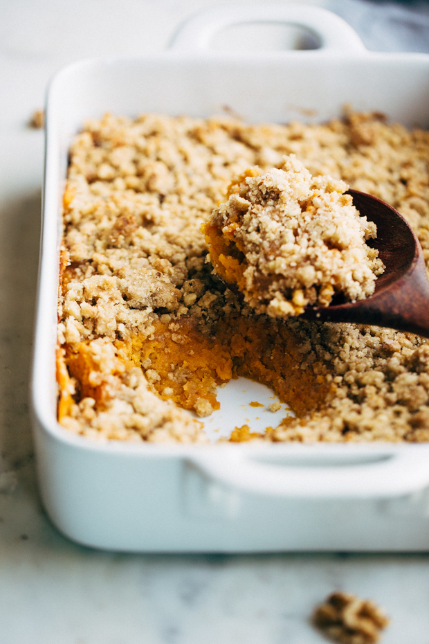 Sweet Potato Casserole with Crunchy Brown Sugar Topping - an easy side dish for Thanksgiving that everyone will love! #thanksgiving #sweetpotatocasserole #casserole #sweetpotatoes | Littlespicejar.com
