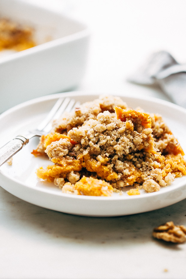Sweet Potato Casserole with Crunchy Brown Sugar Topping - an easy side dish for Thanksgiving that everyone will love! #thanksgiving #sweetpotatocasserole #casserole #sweetpotatoes | Littlespicejar.com