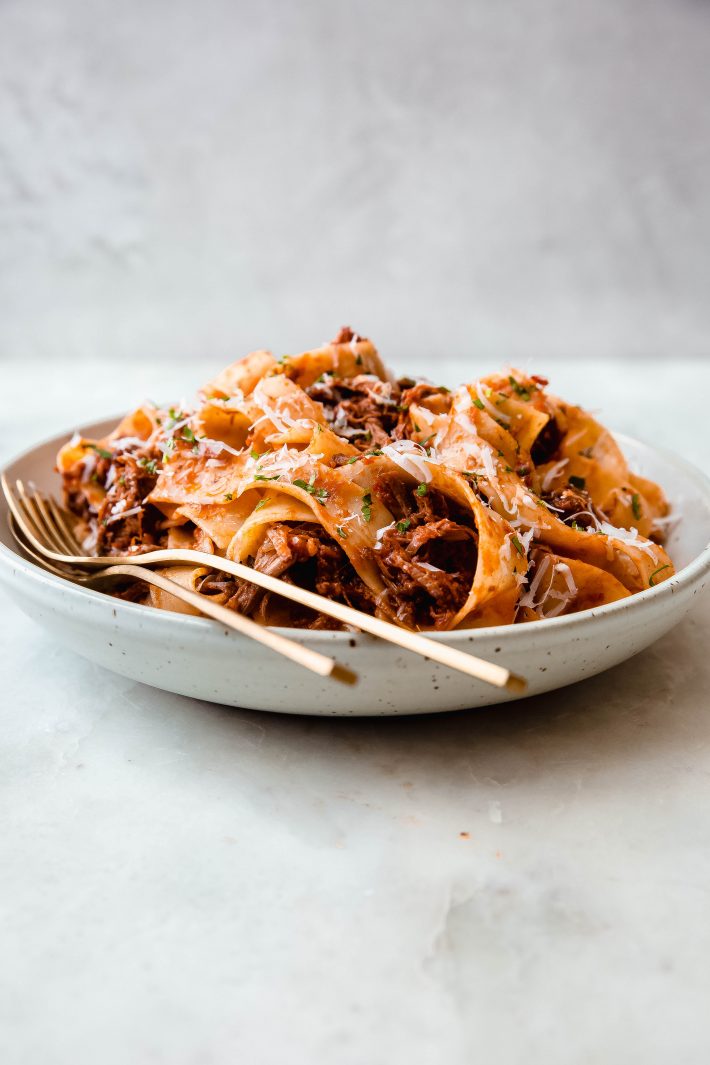 bowl with prepared pappardelle with ragu