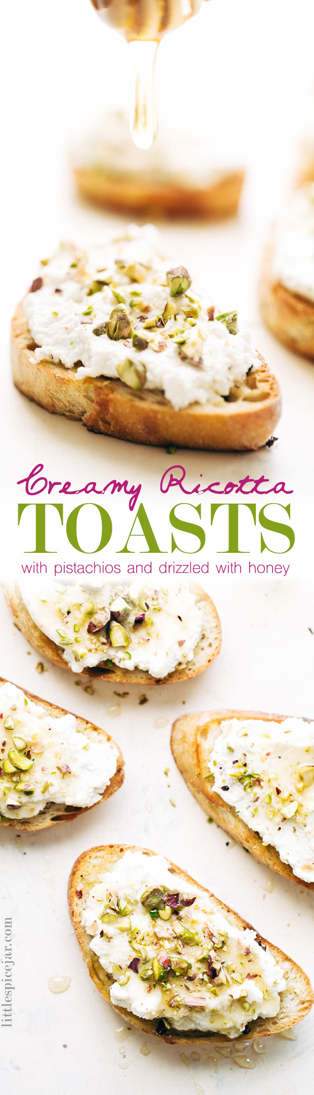 Ricotta Toasts with Pistachios and Honey - A quick and easy appetizer. The bread is warm, the ricotta is creamy, with a kiss of chopped pistachios and a drizzle of honey! #appetizers #toasts #ricottatoasts #aldigram #sponsored | Littlespicejar.com