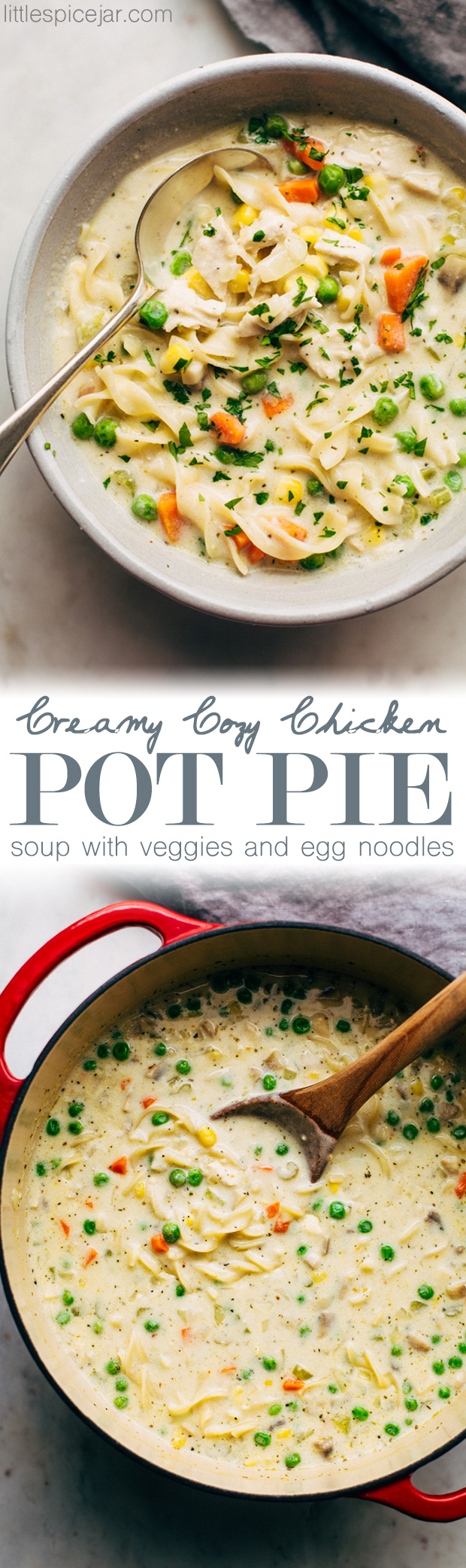 Creamy, Cozy Chicken Pot Pie Soup - A spin on the classic chicken pot pie. This soup has egg noodles, tons of veggies, chicken, and cheese to make it a complete meal! #chickenpotpiesoup #creamychickennoodlesoup #chickensoup #soup | Littlespicejar.com