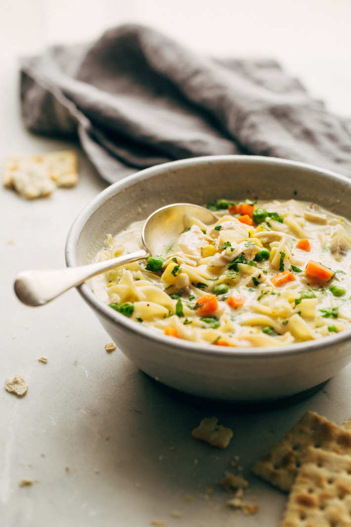 Creamy, Cozy Chicken Pot Pie Soup - A spin on the classic chicken pot pie. This soup has egg noodles, tons of veggies, chicken, and cheese to make it a complete meal! #chickenpotpiesoup #creamychickennoodlesoup #chickensoup #soup | Littlespicejar.com