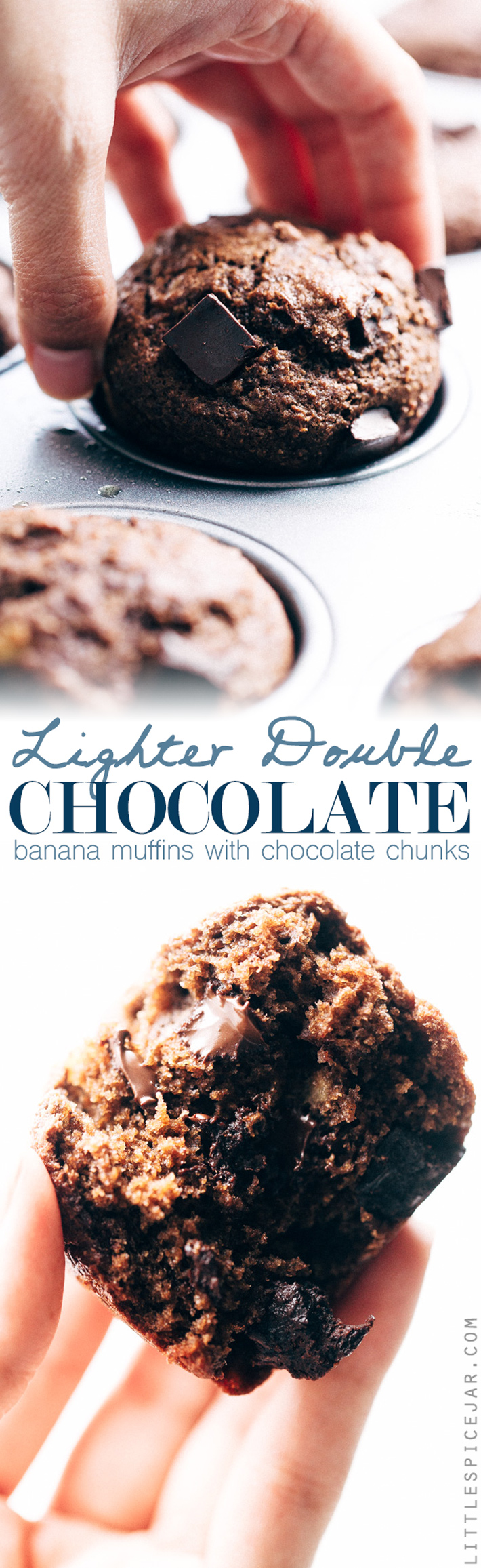 Lighter Double Chocolate Banana Muffins - Easy muffins that are made with whole wheat flour, mashed bananas, and contain NO BUTTER! #doublechocolatemuffins #chocolatemuffins #bananachocolatechipmuffins #muffins | Littlespicejar.com