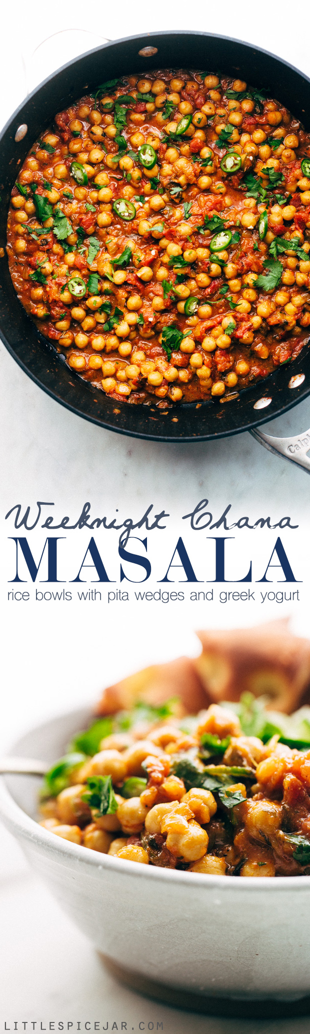 Weeknight Chana Masala Rice Bowls - A quick weeknight take on the traditional Chana Masala! Serve over basmati rice and it's the perfect warm and cozy winter meal! #chanamasala #indianfood #chana #vegan | Littlespicejar.com