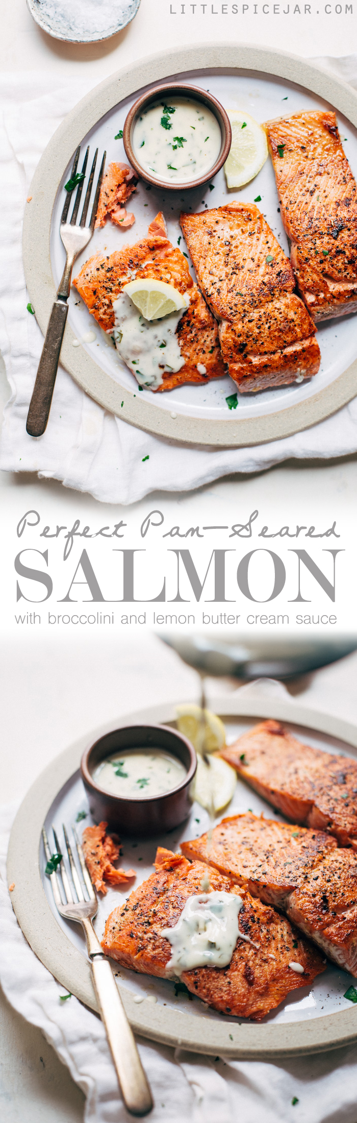 Perfect Pan Seared Salmon with a 4 Ingredient Lemon Butter Cream Sauce! This sauce is DYNAMITE or just about any kind of seafood! #pansearedsalmon #lowcarb #highprotein #salmon #lemonbuttersauce | Littlespicejar.com