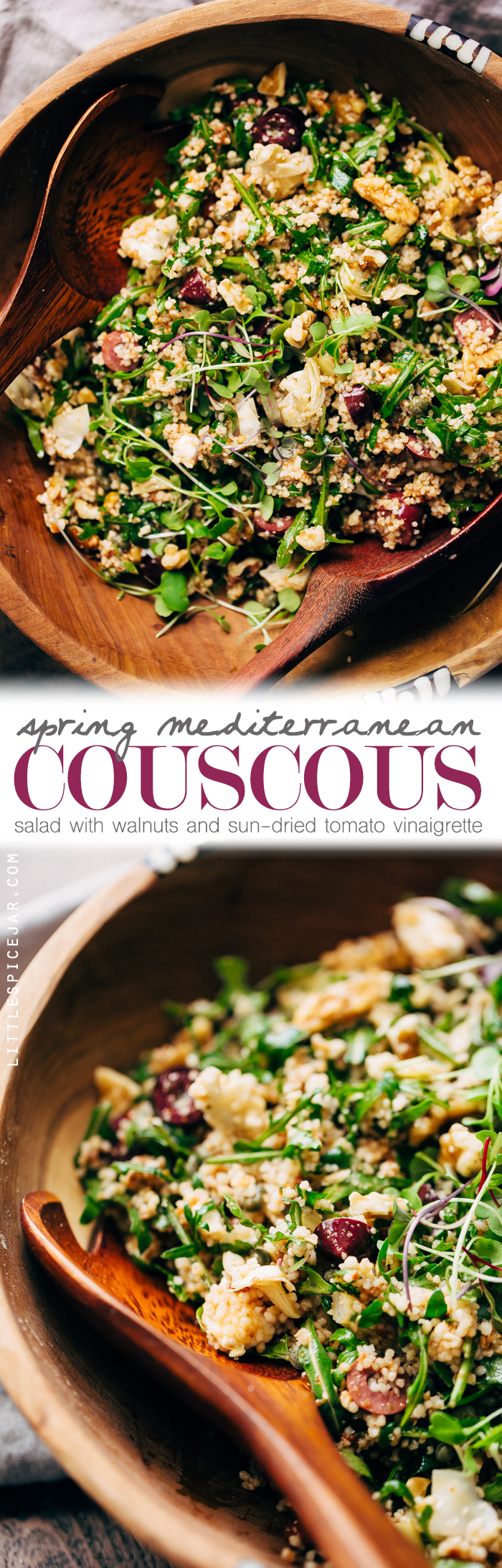 Spring Mediterranean Couscous Salad with Sun-dried Tomato Vinaigrette - a clean the fridge kind of salad where you can use up all the little bits of what you have leftover! #sponsored #mediterraneansalad #couscoussalad #salad #springsalad | Littlespicejar.com
