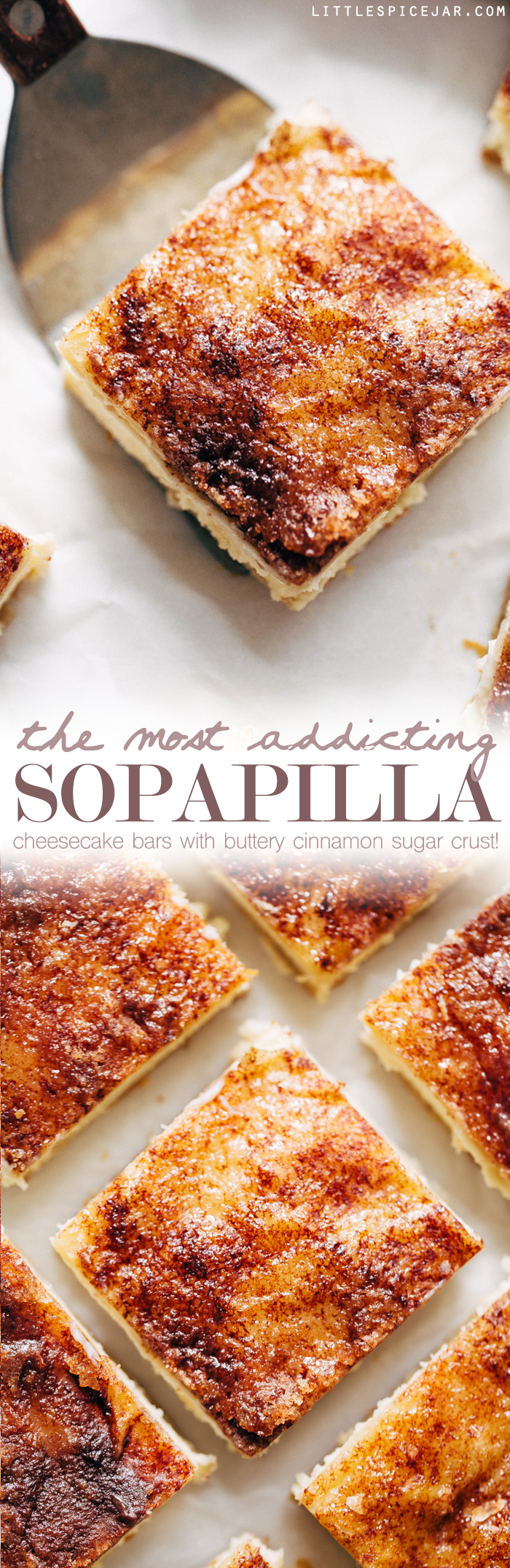 The Most Addicting Sopapilla Cheesecake Bars made with just 8 simple ingredients! These bars don't use the crescent roll dough! #sopapillacheesecakebars #cheesecake #cheesecakebars #snickerdoodle | Littlespicejar.com 