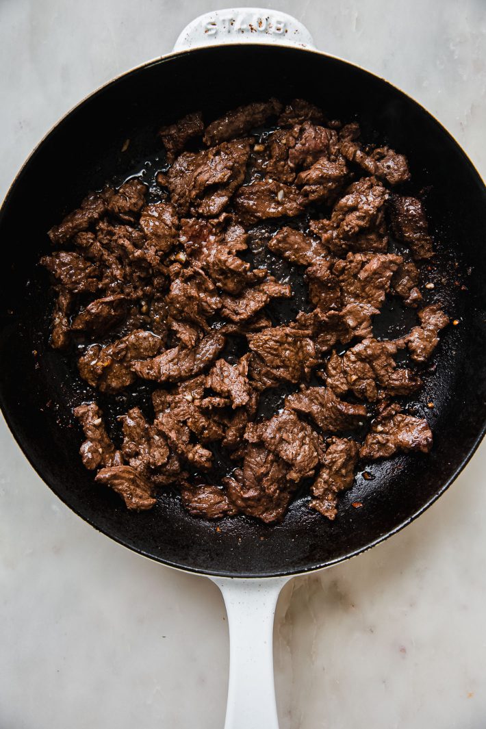 cooked shawarma meat in cast iron skillet