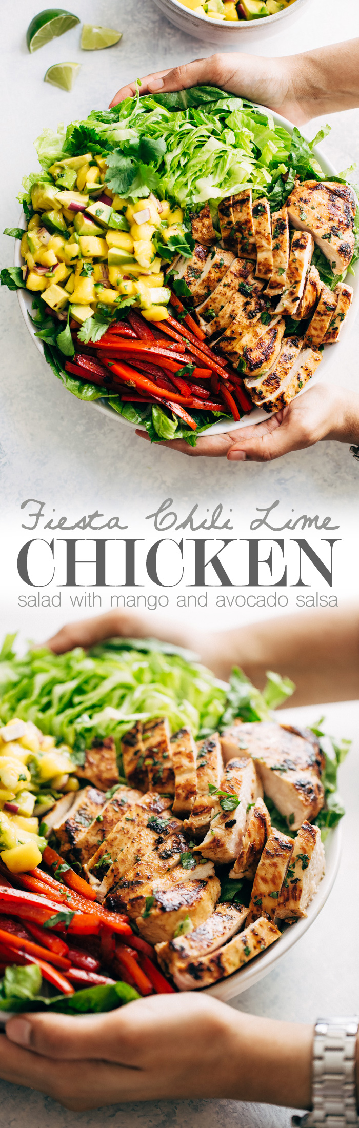 Firsta Chili Lime Chicken Salad with Mango Avocado Salsa - A simple Mexican inspired chicken salad topped with salsa! This salad is loaded with great flavors! #chickensalad #salad #mangoavocadosalsa #chililimesalad | Littlespicejar.com