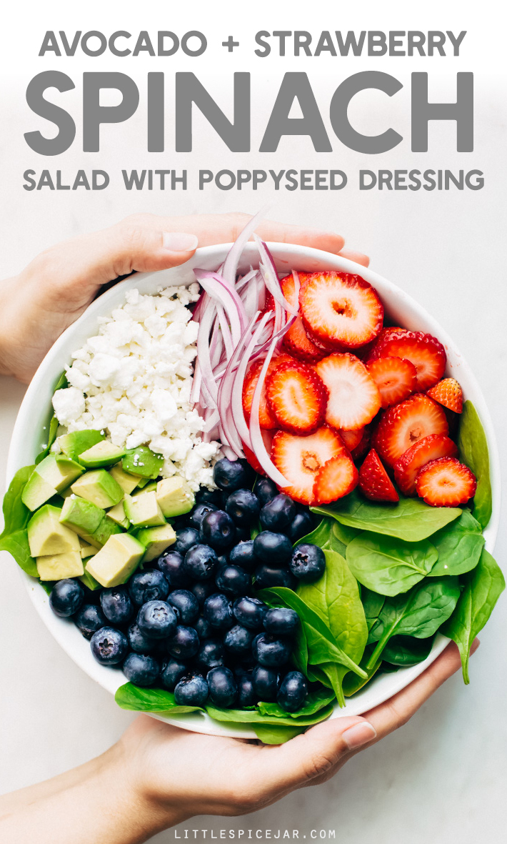 Avocado Strawberry Spinach Salad - topped with a citrusy poppyseed dressing. This salad is perfect for summer barbecues and picnics! #strawberryspinachsalad #spinachsalad #salad #strawberrypoppyseedsalad | Littlespicejar.com