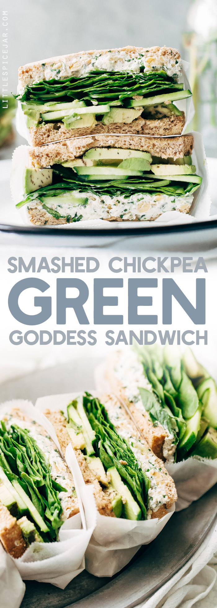 Smashed Chickpea Green Goddess Sandwich - herbed goat cheese and smashed chickpeas loaded between two slices of bread with all your favorite green veggies. This is the perfect lunch! #greengoddesssandwich #sandwich #smashedchickpea #chickpeas | Littlespicejar.com