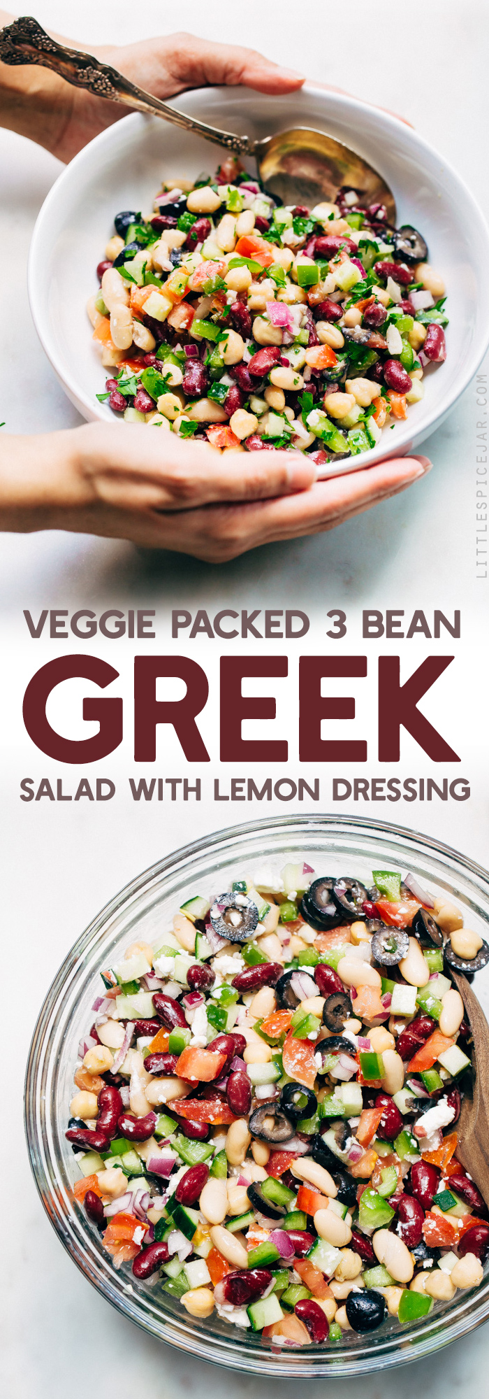 Veggie-Packed Three Bean Greek Salad - A three bean salad meets a chopped greek salad. This salad takes 15 minutes to make and is a nice change to the usual ones we enjoy in the summer! #threebeansalad #choppedgreeksalad #greeksalad #3beansalad #salad | Littlespicejar.com