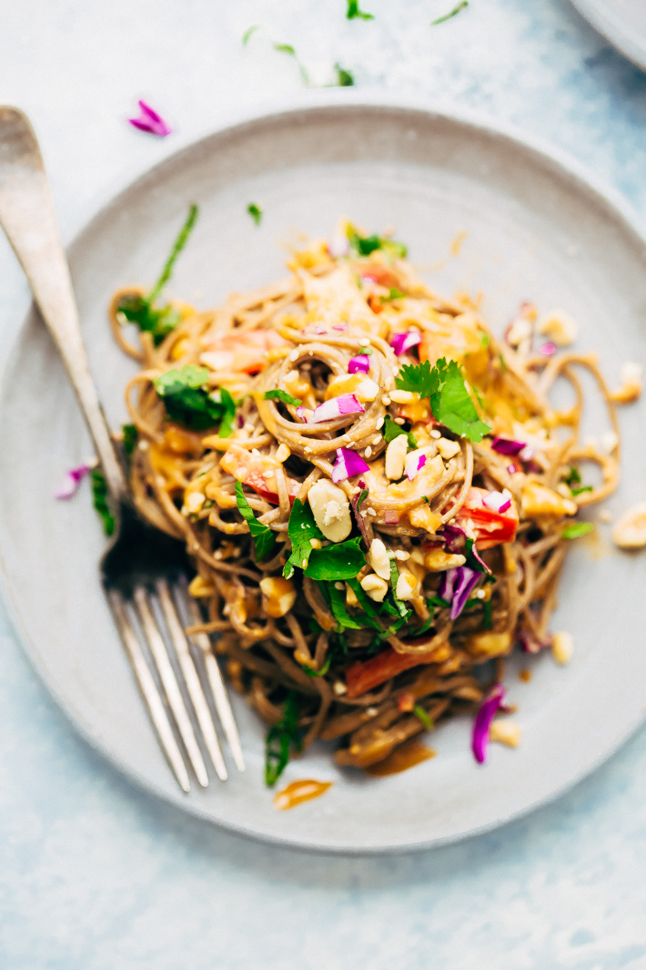 Rainbow Thai Noodle Salad with Peanut Lime Dressing - A quick, weeknight friendly noodle salad with homemade dressing, shredded chicken, tons of herbs, and lots of veggies! #sobanoodlesalad #thainoodlesalad #noodlesalad #pastasalad #thaisalad #thaichickensalad | Littlespicejar.com