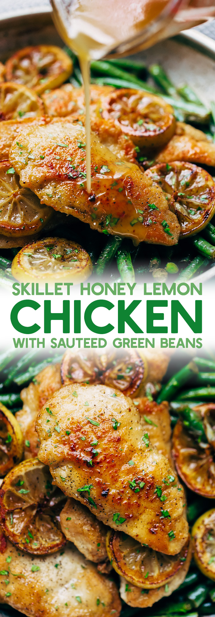 Honey Lemon Chicken with Sautéed Green Beans - simple seared chicken and sautéed green beans drizzled in homemade honey lemon butter sauce. This takes 30 minutes from start to finish and is weeknight friendly! #honeylemonchicken #lemonchicken #chickendinner | Littlespicejar.com