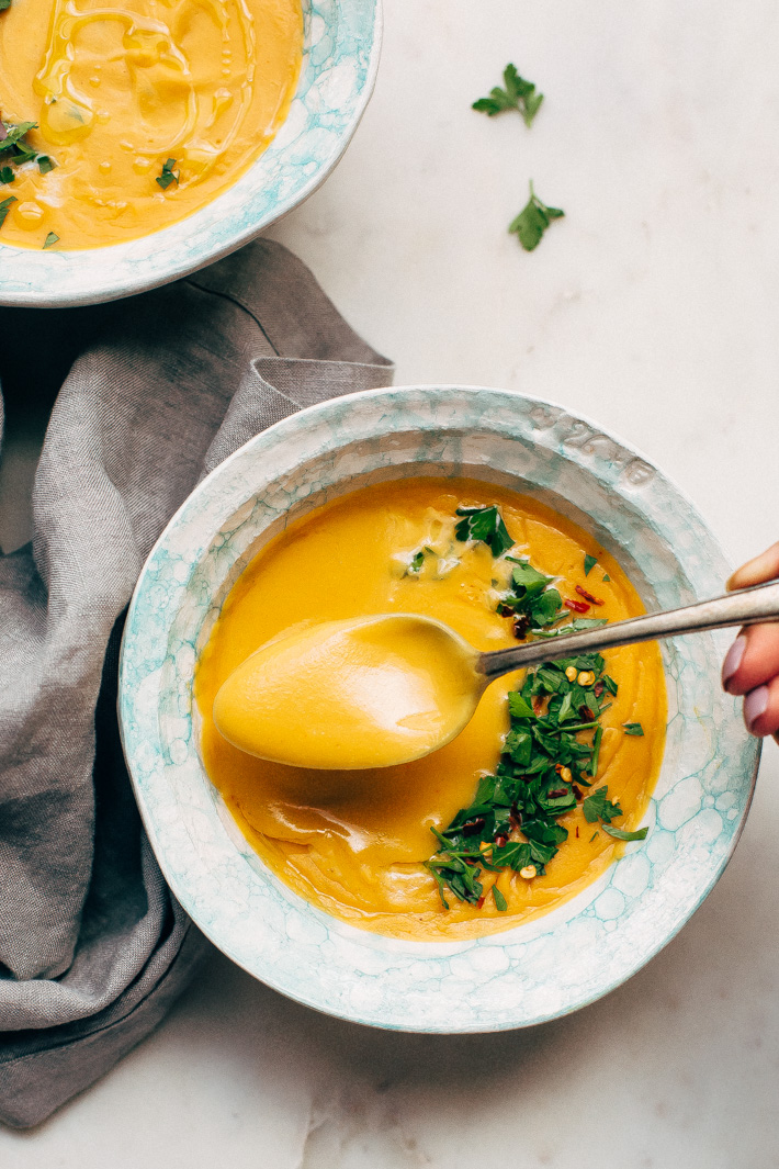 soup in bowls with spoon