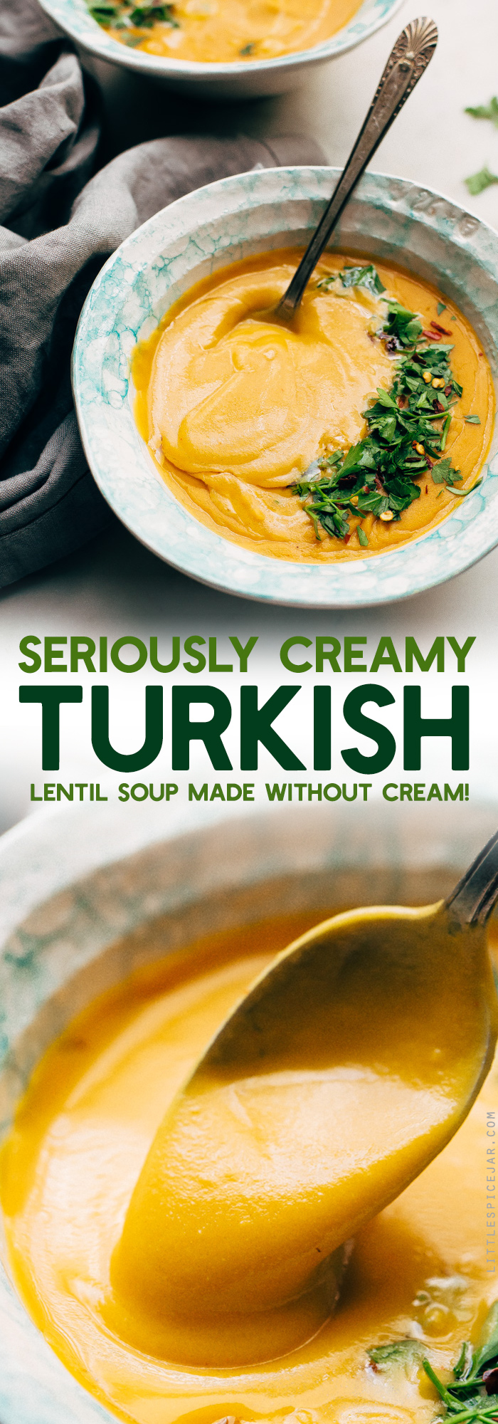 Luxurious Turkish Lentil Soup - 30 minutes to make this creamy soup that contains NO CREAM! Completely vegetarian/vegan friendly and gluten-free! #lentilsoup #splitpeasoup #instantpot #soup | Littlespicejar.com