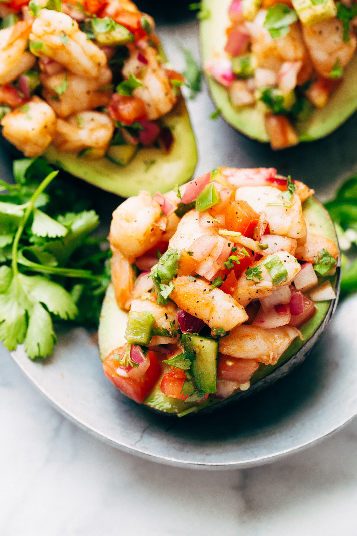 avocados topped with shrimp cocktail