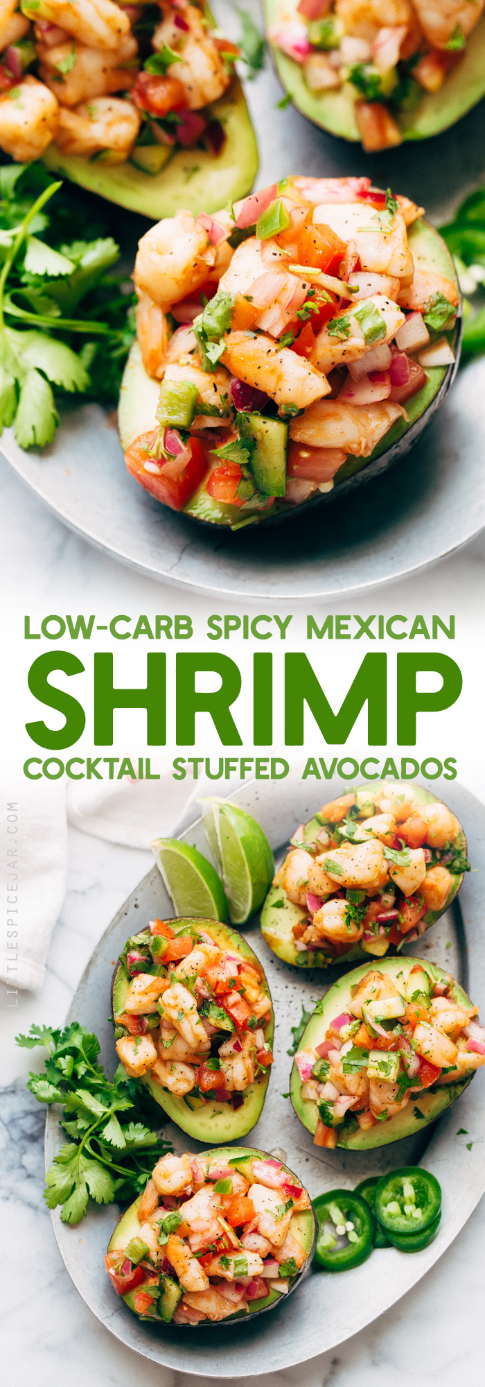 Mexican Shrimp Cocktail Stuffed Avocados - these avocados boats are easy to make and contain just 7 grams of next carbs! A fresh summer meal that will keep you nice and full! #avocadoboats #stuffedavocados #shrimpceviche #lowcarbmeals | Littlespicejar.com