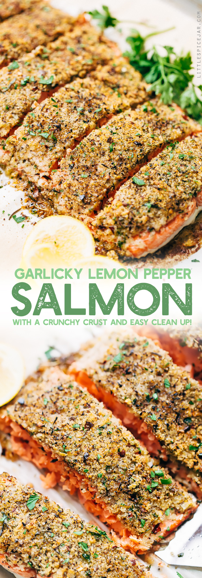 Crunchy Garlic Lemon Pepper Salmon Recipe - an easy weeknight friendly salmon recipe that has a crunchy panko crust on top! Healthy and delicious! #bakedsalmon #lemonpeppersalmon #roastedsalmon #breadedfish | Littlespicejar.com