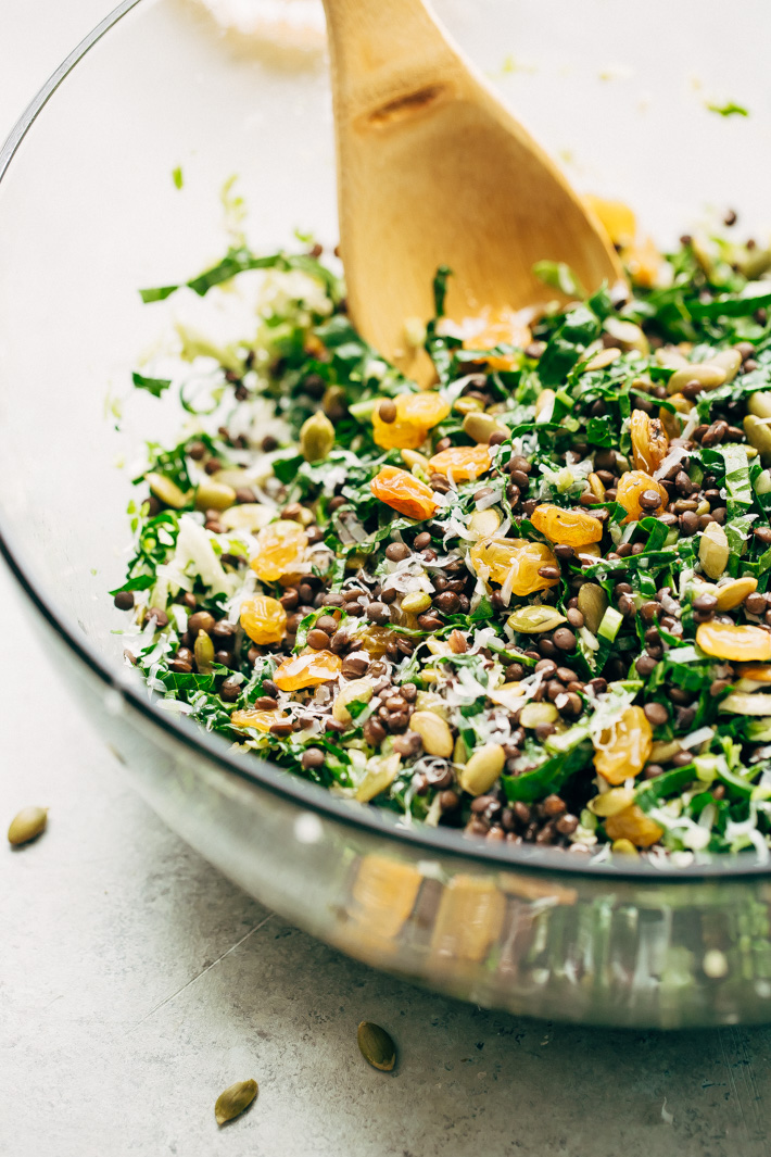 Autumn Lentil Kale Salad with Parmesan - this salad is hearty and filling and perfect for your Thanksgiving table with all it's beautiful colors! #sponsored by @usapulses and @pulsecanada #lentilkalesalad #kalesalad #lentilsalad | Littlespicejar.com