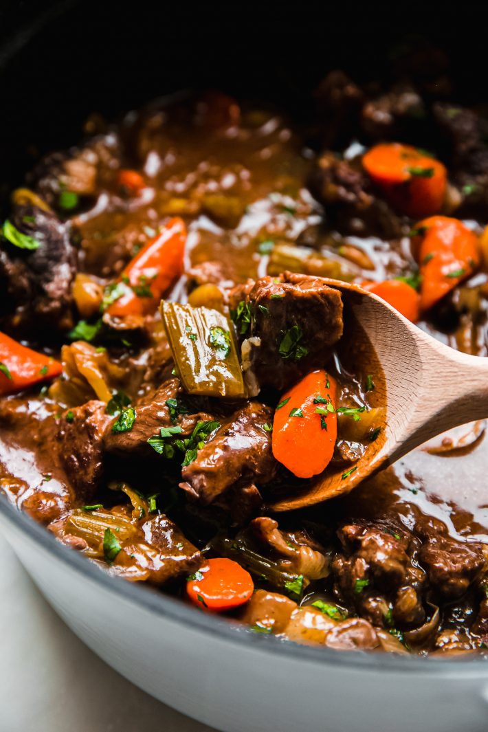 instant pot beef stew on ladle