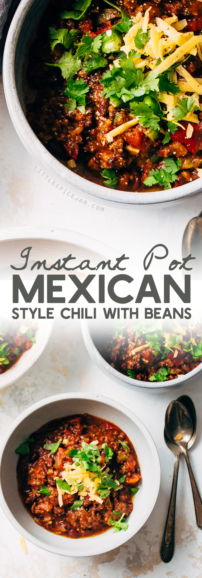 Spicy Instant Pot Mexican Chili with Black Beans Recipe - A homemade chili that tastes slow simmered but takes 40 minutes to make from start to finish! #instantpot #instantpotchili #mexicanchili #chilirecipe | Littlespicejar.com
