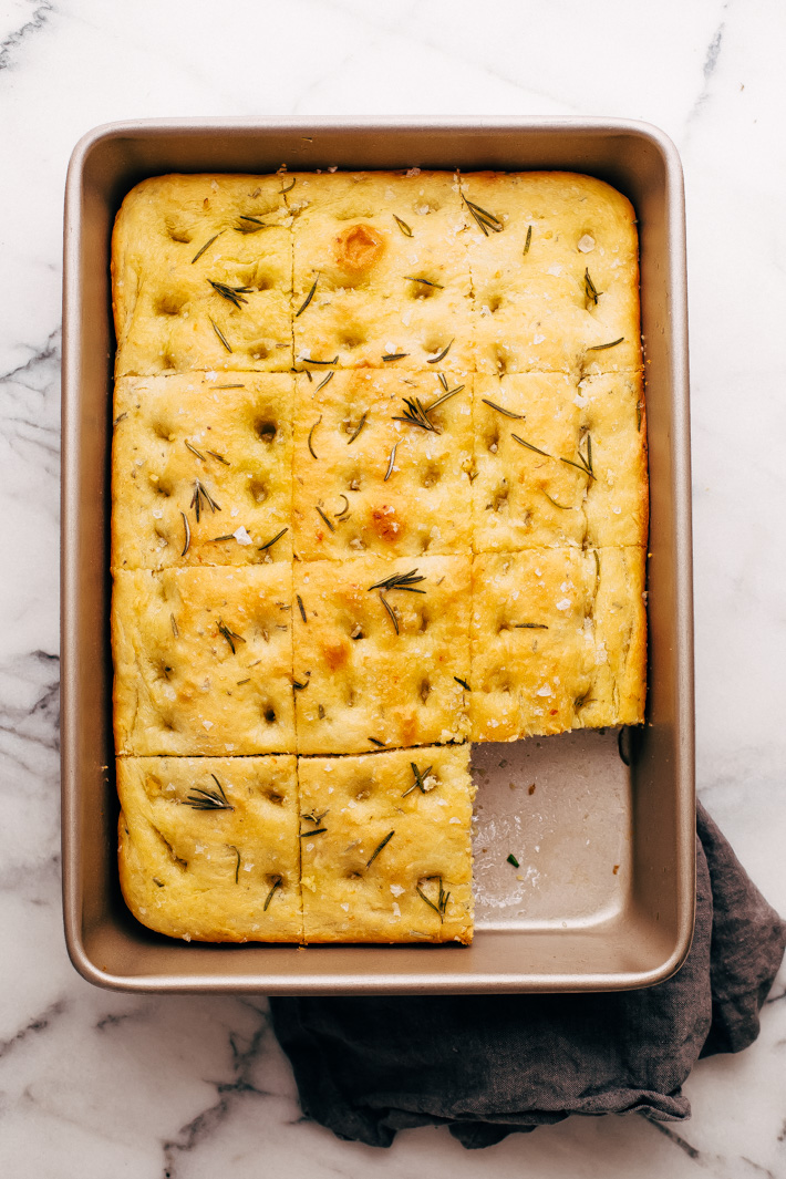 baking pan with squares of focaccia bread