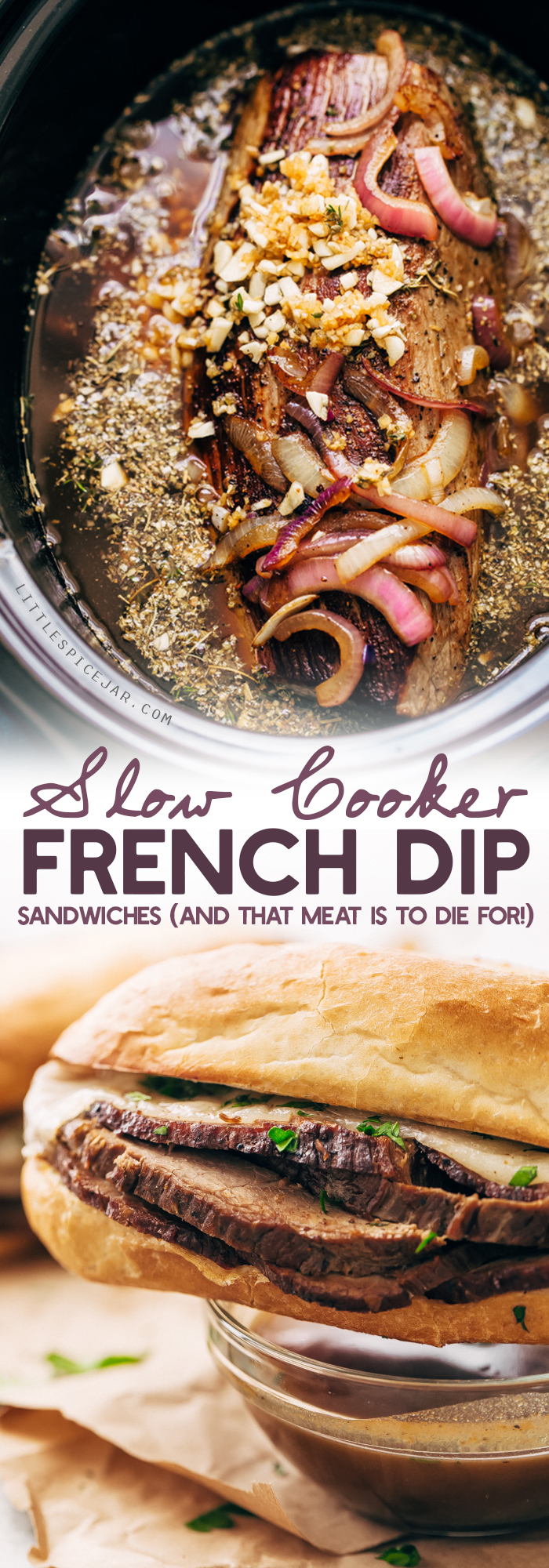 Slow Cooker French Dip Sandwiches - Tender beef that's slow cooked in au jus. These sandwiches are to die for! #frenchdip #frenchdipsandwich #frenchdipsandwiches #slowcooker #crockpot | Littlespicejar.com