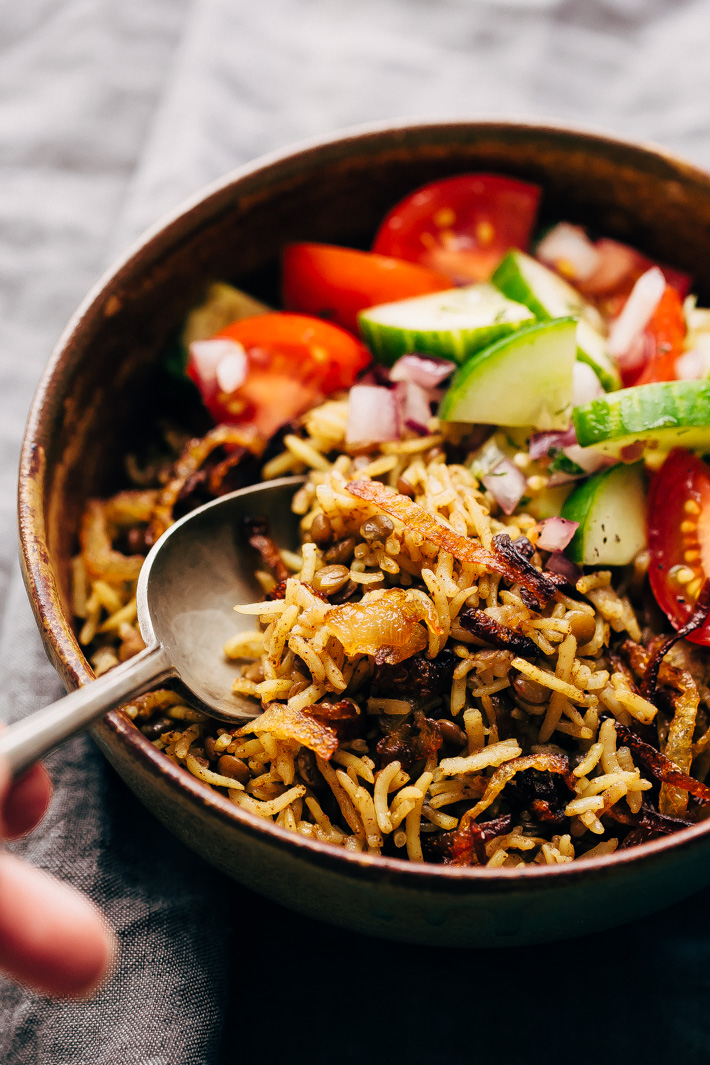 Lentil Rice Pilaf with Caramelized Onions (Mujadara) - this simple lentils and rice recipe is great as a main course or as a side for holidays! #mujadara #lentilricepilaf #lebanesericepilaf #ricepilaf #pilaf | Littlespicejar.com