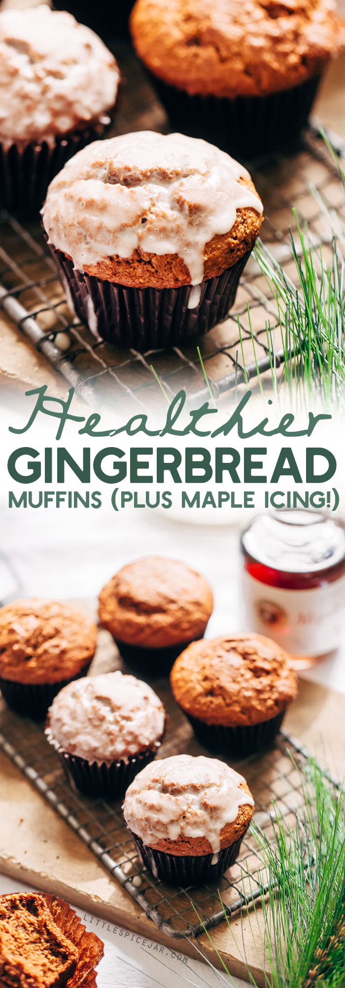 Healthier Gingerbread Muffins - swapping out a few ingredients makes these healthier. You can top them with turbinado sugar or an added crunch or dip them in icing! #healthygingerbreadmuffins #muffins #gingerbreadmuffins #gingerbread | Littlespicejar.com