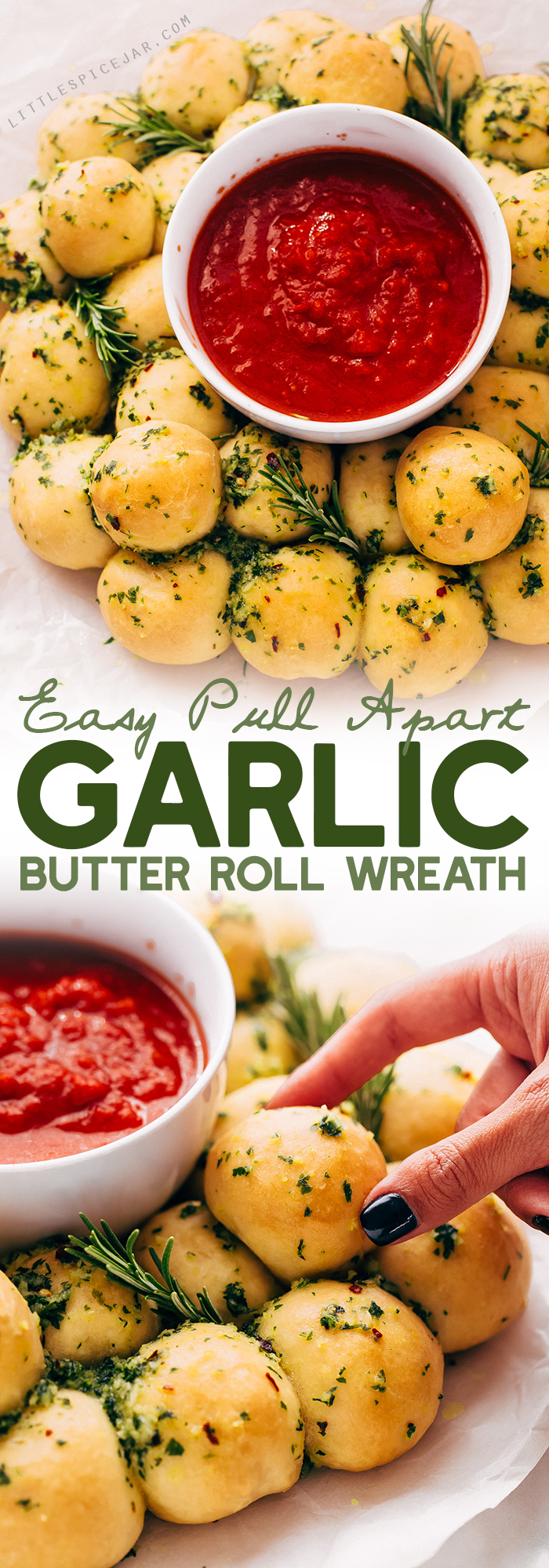 Easy Pull Apart Garlic Roll Wreath - learn how to make a wreath out of homemade garlic rolls! This recipe makes a show-stopper appetizer for all your holiday parties! #garlicrolls #garlicknots #garlicrollwreath #garlicknotwreath #holidayappetizers | Littlespicejar.com