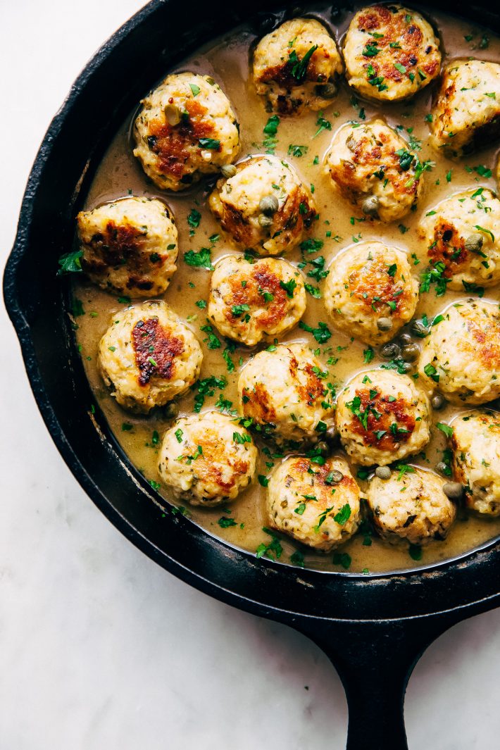 chicken piccata meatballs in lemon butter sauce with parsley