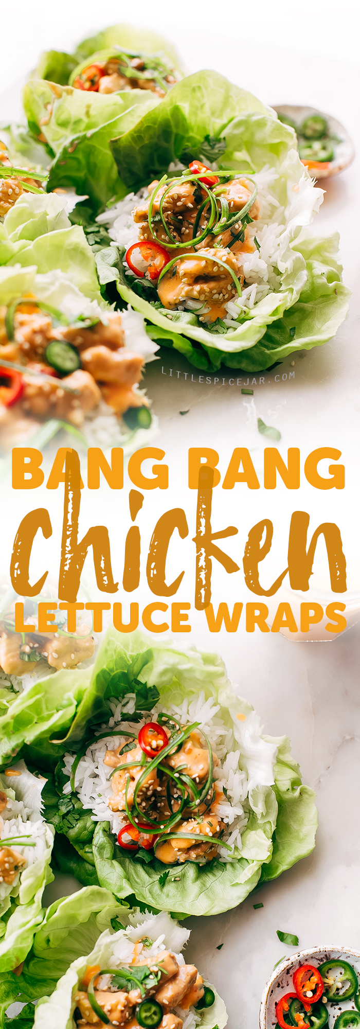 Bang Bang Chicken Lettuce Wraps - a homemade lettuce wrap stuffed with jasmine rice, sautéed chicken and tons of bang bang sauce! #bangbangchicken #bangbangsauce #bangbanglettucewraps #chickenlettucewraps | Littlespicejar.com