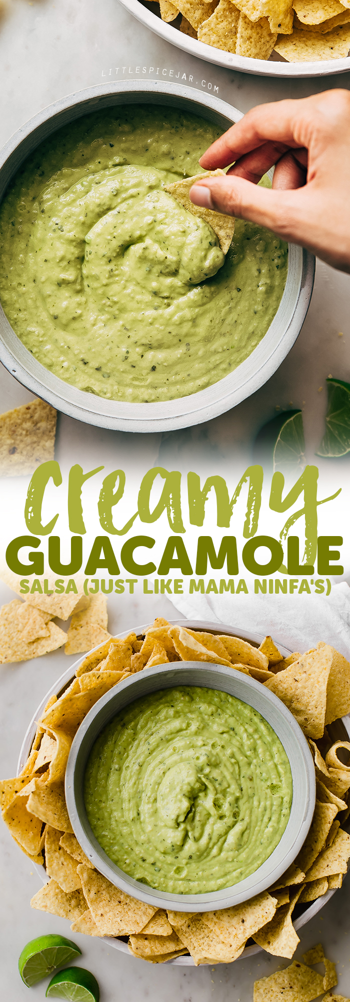 Creamy Guacamole Salsa - An easy avocado dip that tastes just like Mama Ninfa's Green Sauce. Serve with chips or dollop on tacos! #greensauce #mamaninfas #avocadodip #guacamolesalsa | Littlespicejar.com