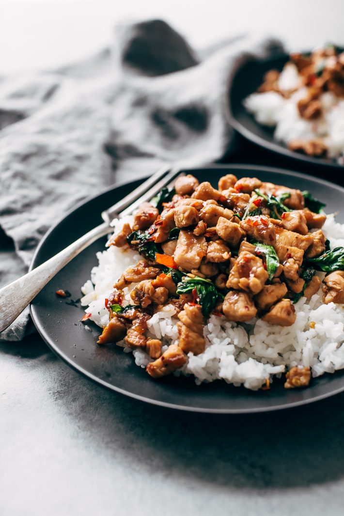 Garlic Lovers Thai Basil Chicken - Learn how to make authentic, restaurant-style basil chicken at home! A quick recipe that won't take you long at all! #thaibasilchicken #basilchicken #thaifood #basilchickenstirfry #chickenstirfry | Littlespicejar.com