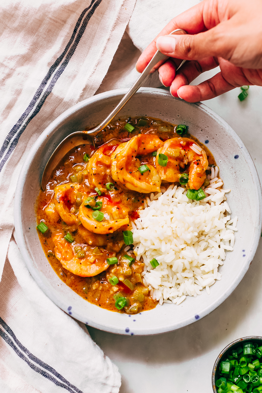 hand lifting prepared shrimp étouffée in bowls ith rice
