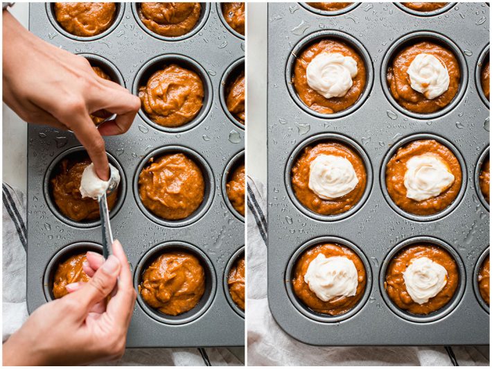 swirling cheesecake batter into pumpkin muffins steps