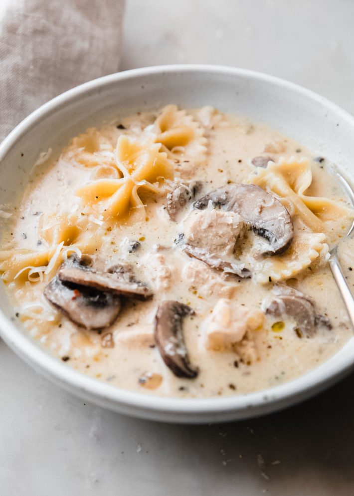 bowl of soup showing chicken, mushrooms, and pasta