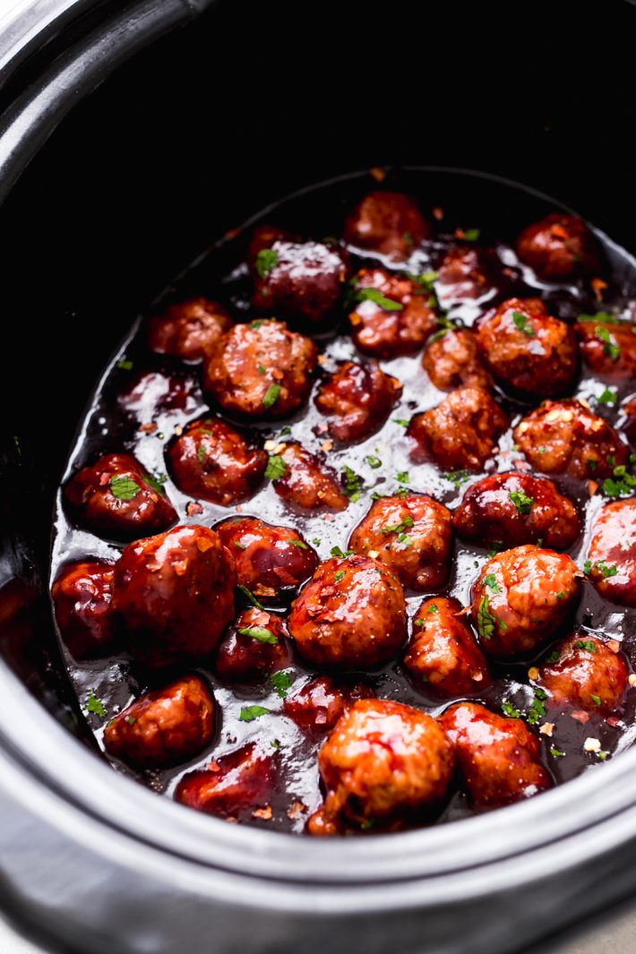 slow cooker with prepared honey chipotle meatballs in sauce